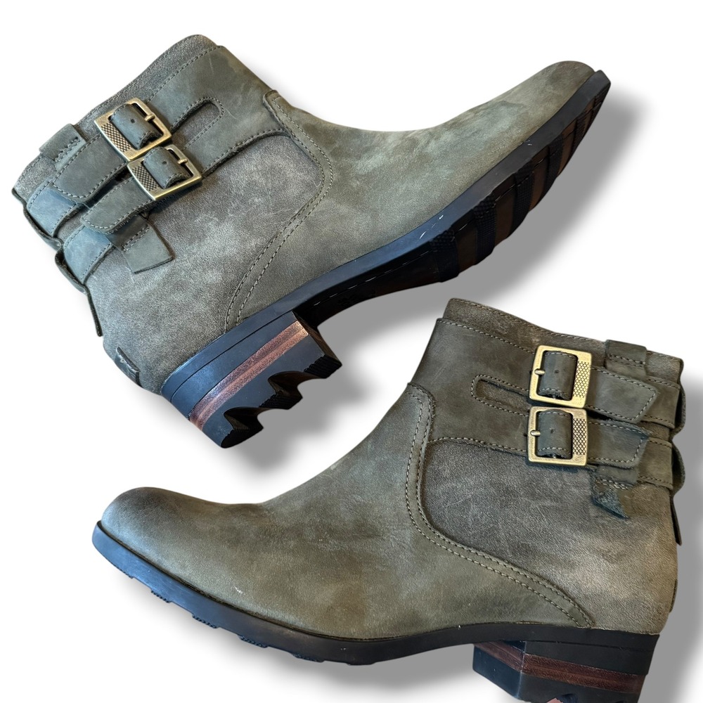 Sorel Cate Buckle Ankle Boots Sage Green Suede Leather NL3080-326 Womens 9.5
